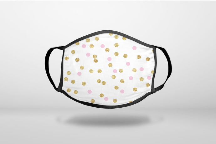 Pink & Gold Print - White / Pink / Gold Dots Pattern - 3-Ply Reusable Soft Face Mask Covering, Unisex, Cotton Inner Layer