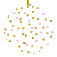 DistinctInk® Hanging Ceramic Christmas Tree Ornament with Gold String - Great Gift / Present - 2 3/4 inch Diameter - Pink & Gold Print - White / Pink / Gold Dots Pattern