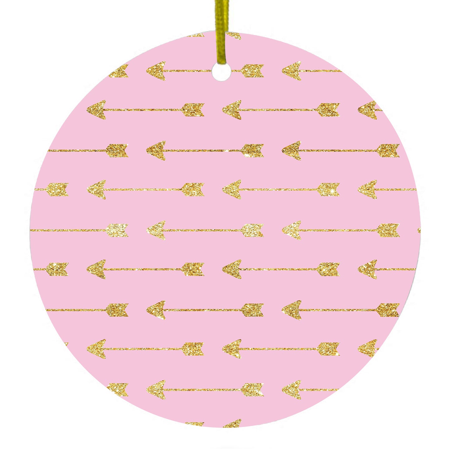 DistinctInk® Hanging Ceramic Christmas Tree Ornament with Gold String - Great Gift / Present - 2 3/4 inch Diameter - Pink & Gold Print - Arrows Pattern