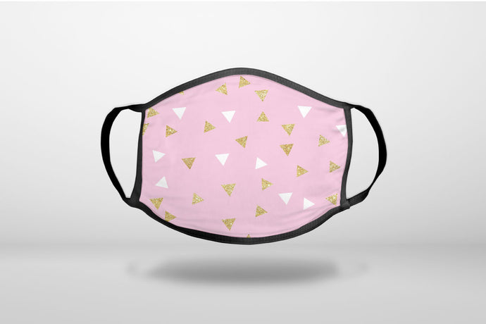 Pink & Gold Print - Triangles Pattern - 3-Ply Reusable Soft Face Mask Covering, Unisex, Cotton Inner Layer