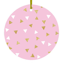 DistinctInk® Hanging Ceramic Christmas Tree Ornament with Gold String - Great Gift / Present - 2 3/4 inch Diameter - Pink & Gold Print - Triangles Pattern