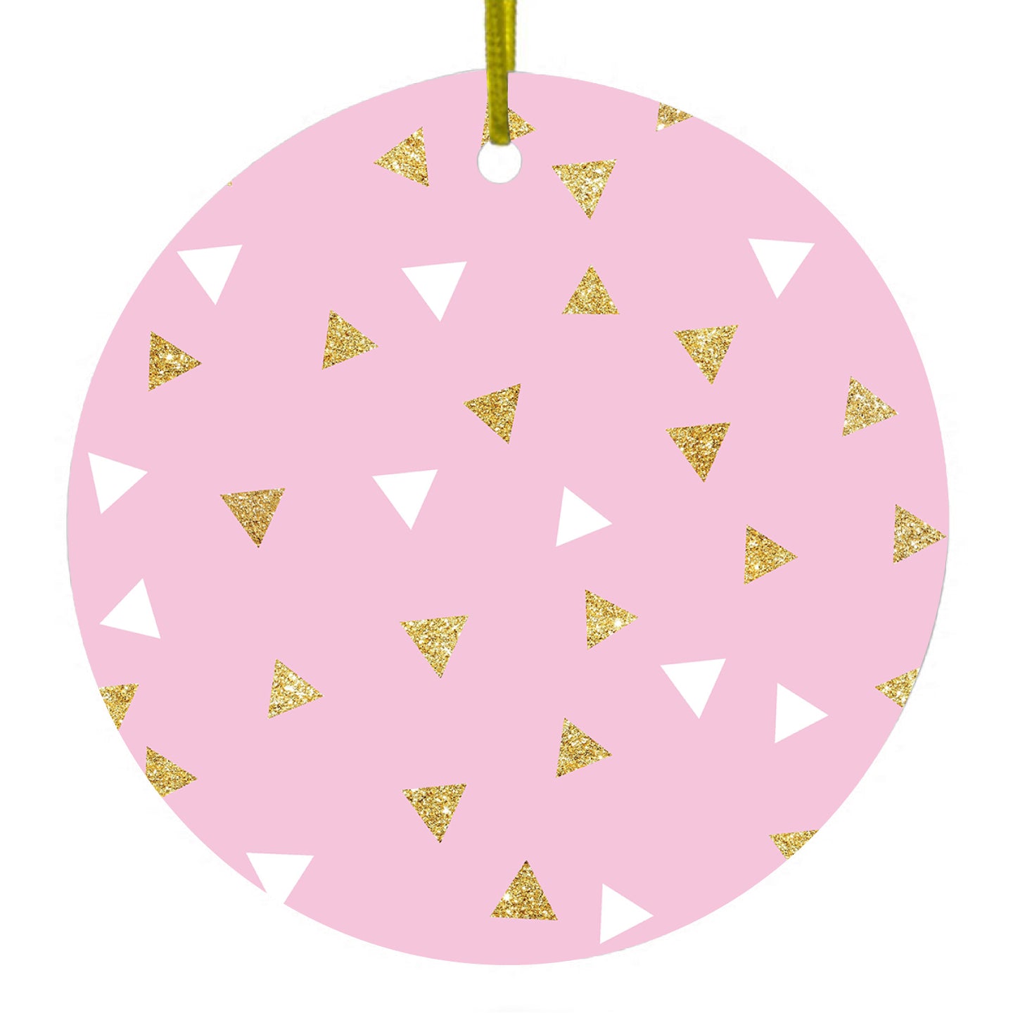 DistinctInk® Hanging Ceramic Christmas Tree Ornament with Gold String - Great Gift / Present - 2 3/4 inch Diameter - Pink & Gold Print - Triangles Pattern
