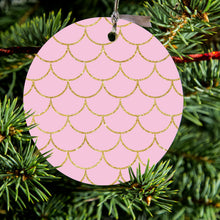 DistinctInk® Hanging Ceramic Christmas Tree Ornament with Gold String - Great Gift / Present - 2 3/4 inch Diameter - Pink & Gold Print - Scalloped Pattern