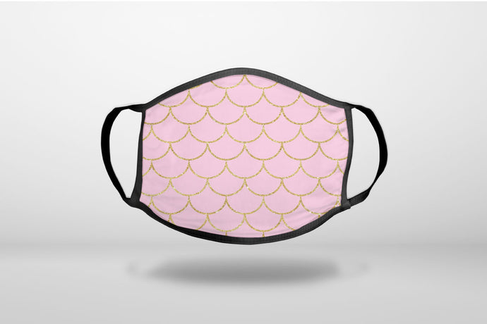 Pink & Gold Print - Scalloped Pattern - 3-Ply Reusable Soft Face Mask Covering, Unisex, Cotton Inner Layer