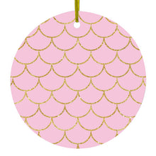 DistinctInk® Hanging Ceramic Christmas Tree Ornament with Gold String - Great Gift / Present - 2 3/4 inch Diameter - Pink & Gold Print - Scalloped Pattern