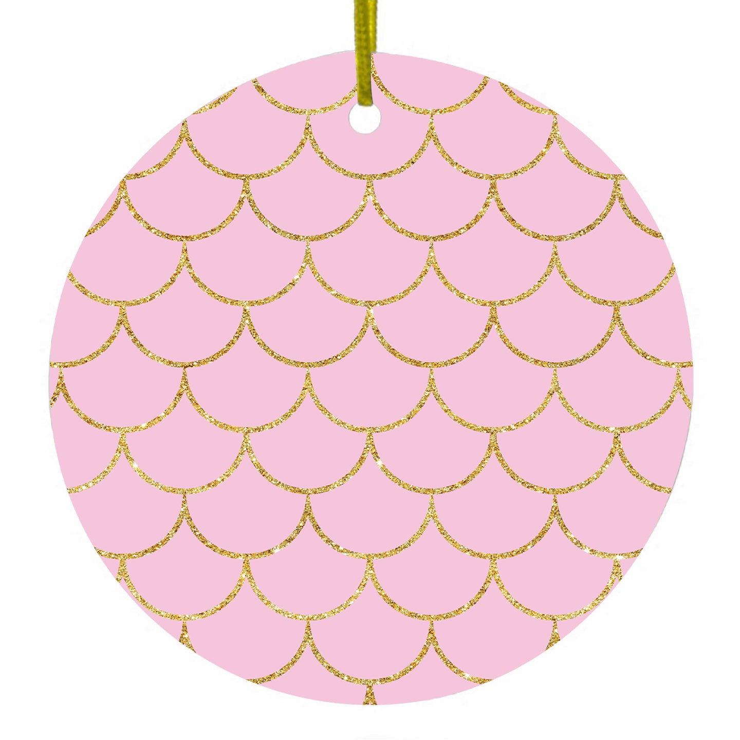 DistinctInk® Hanging Ceramic Christmas Tree Ornament with Gold String - Great Gift / Present - 2 3/4 inch Diameter - Pink & Gold Print - Scalloped Pattern