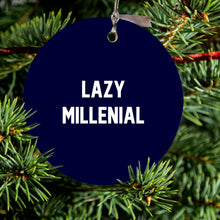 DistinctInk® Hanging Ceramic Christmas Tree Ornament with Gold String - Great Gift / Present - 2 3/4 inch Diameter - Lazy Millenial - Navy & White