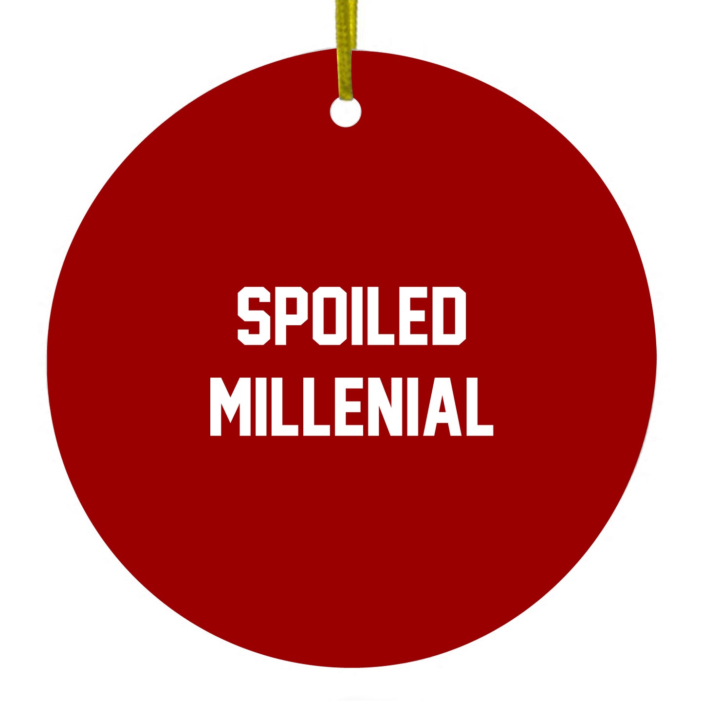 DistinctInk® Hanging Ceramic Christmas Tree Ornament with Gold String - Great Gift / Present - 2 3/4 inch Diameter - Spoiled Millenial - Red & White