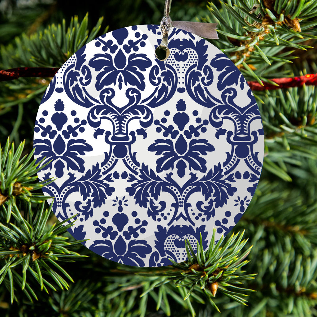 Blue Grey Damask Ceramic Ornament, view 2