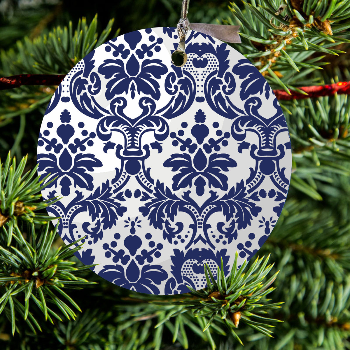 Blue Grey Damask Ceramic Ornament, view 2