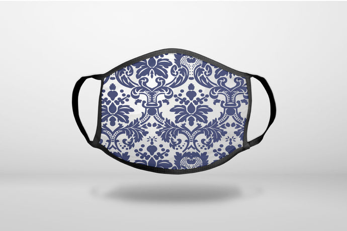 Blue Grey Damask - 3-Ply Reusable Soft Face Mask Covering, Unisex, Cotton Inner Layer