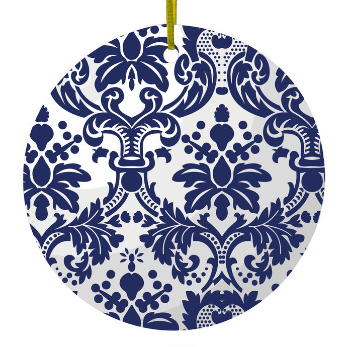 Blue Grey Damask Ceramic Ornament