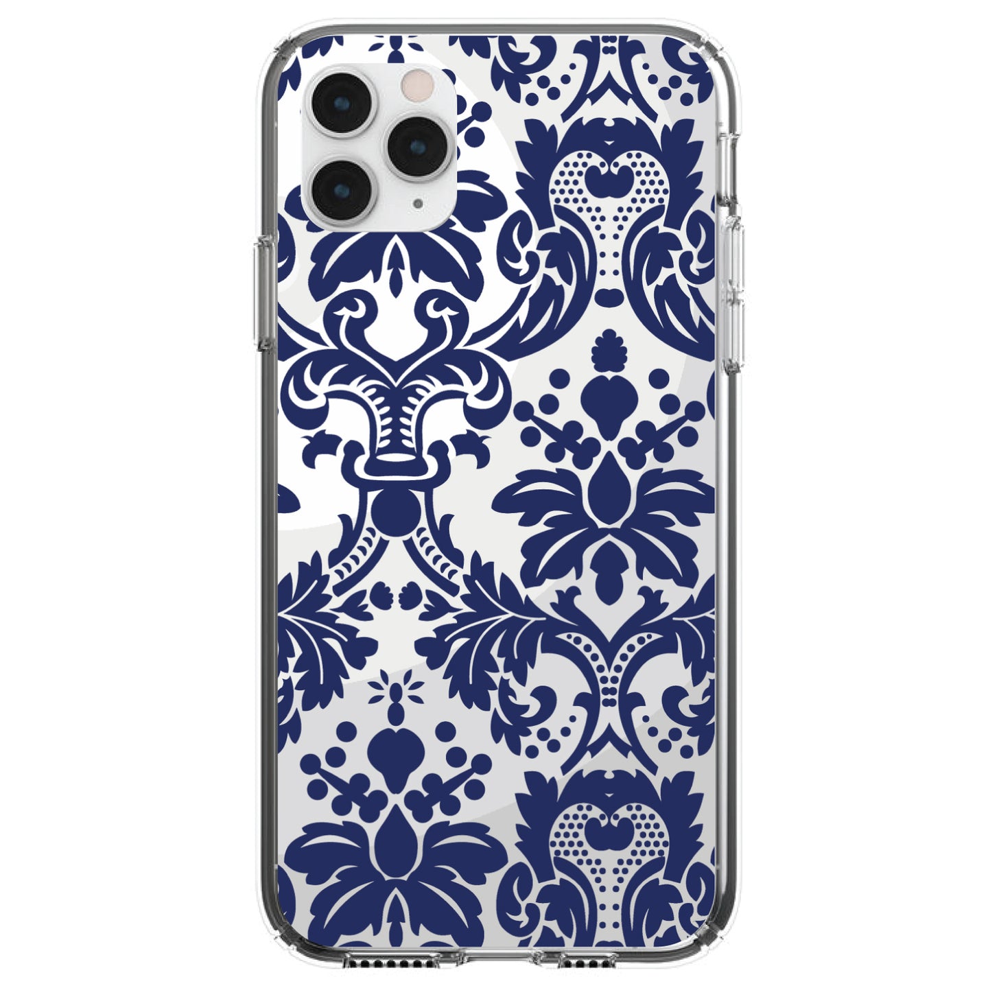 DistinctInk® Clear Shockproof Hybrid Case for Apple iPhone / Samsung Galaxy / Google Pixel - Blue Grey Damask