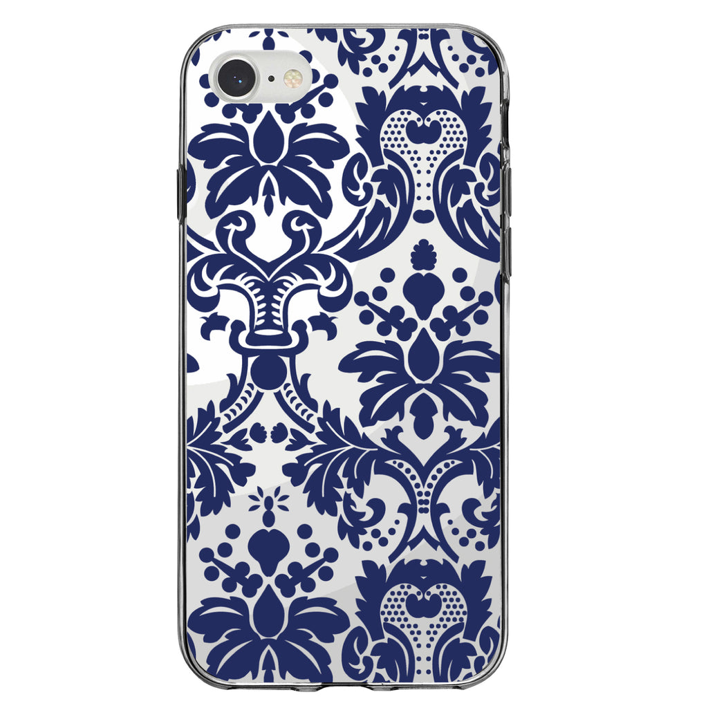 Blue Grey Damask Clear Shockproof iPhone Case, view 5