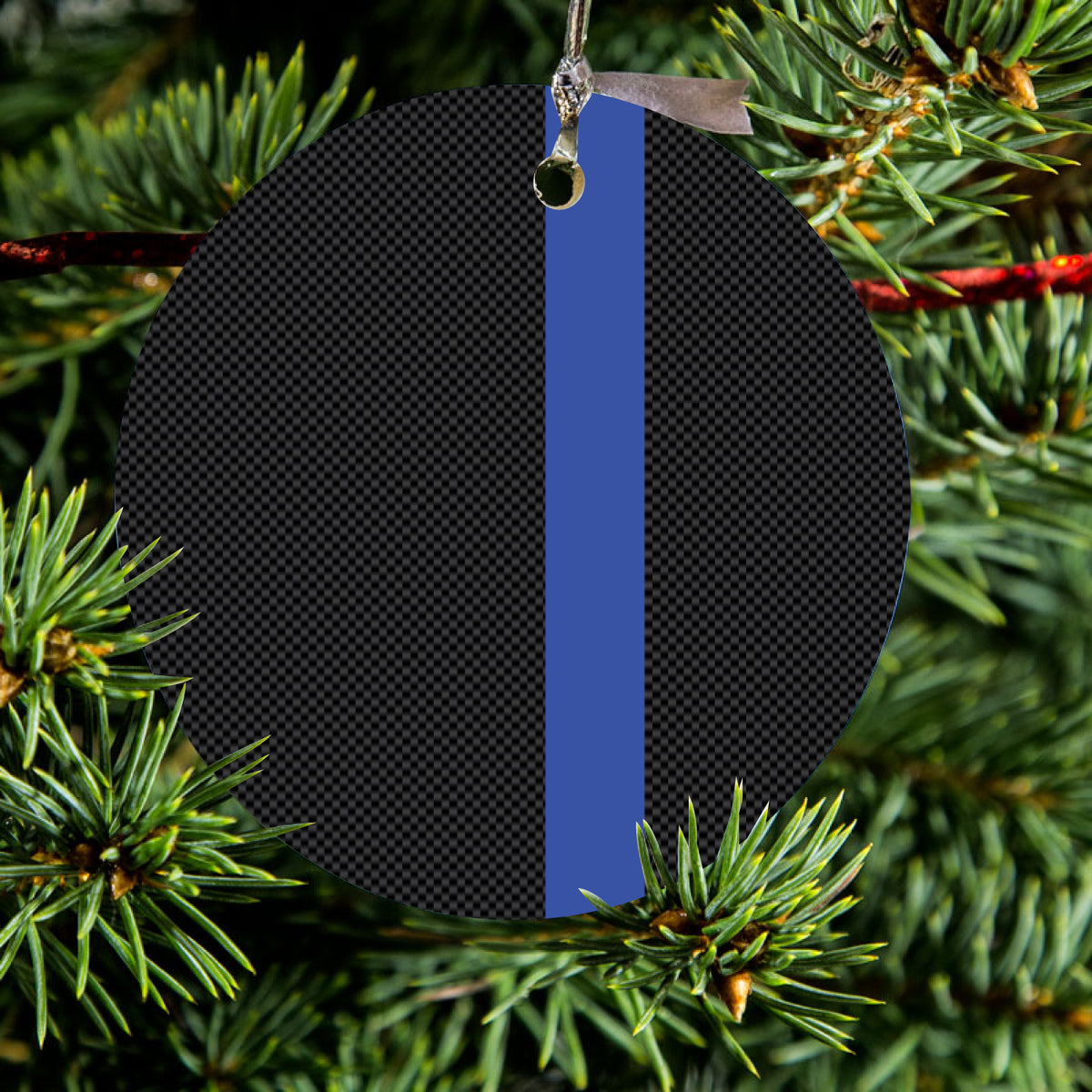 Thin Blue Line Grey Black Carbon Fiber Print Ceramic Ornament, view 2