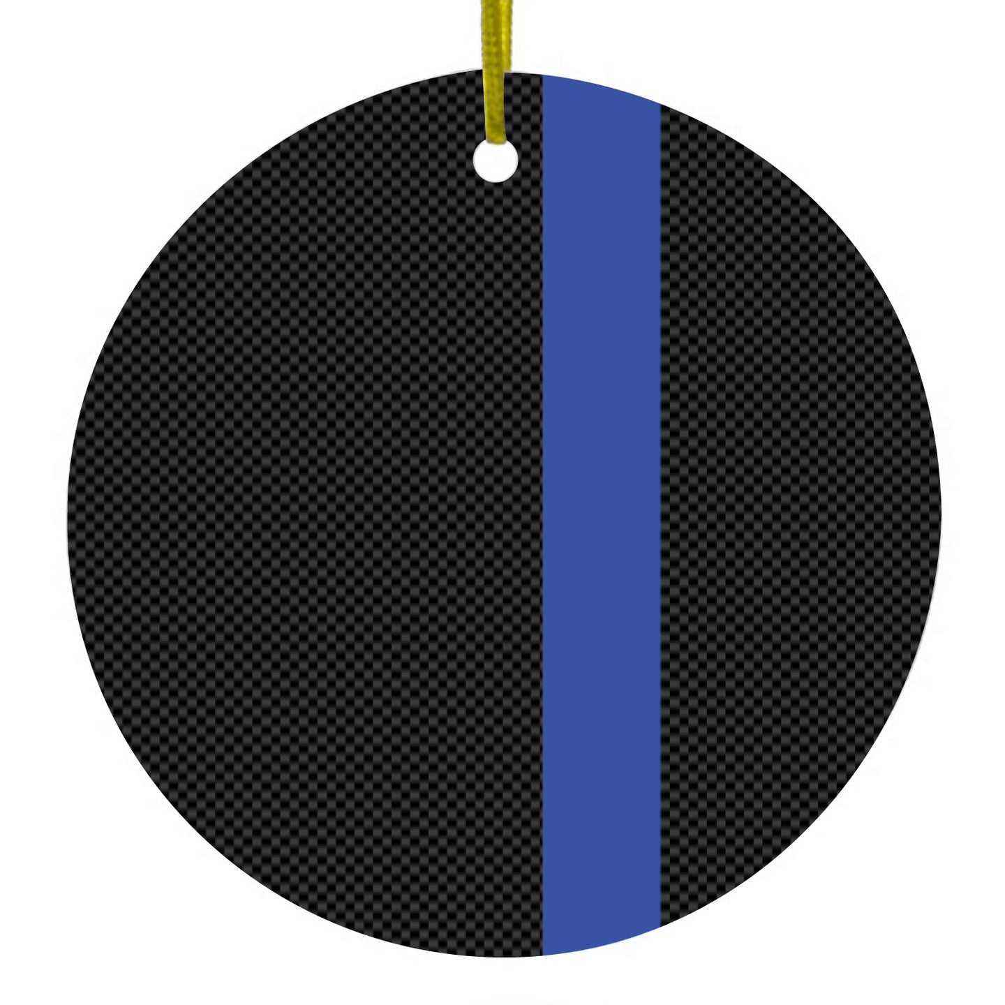 DistinctInk® Hanging Ceramic Christmas Tree Ornament with Gold String - Great Gift / Present - 2 3/4 inch Diameter - Thin Blue Line Grey Black Carbon Fiber Print