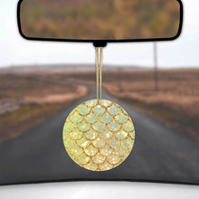 DistinctInk® Hanging Ceramic Christmas Tree Ornament with Gold String - Great Gift / Present - 2 3/4 inch Diameter - Gold Green Mermaid Scales