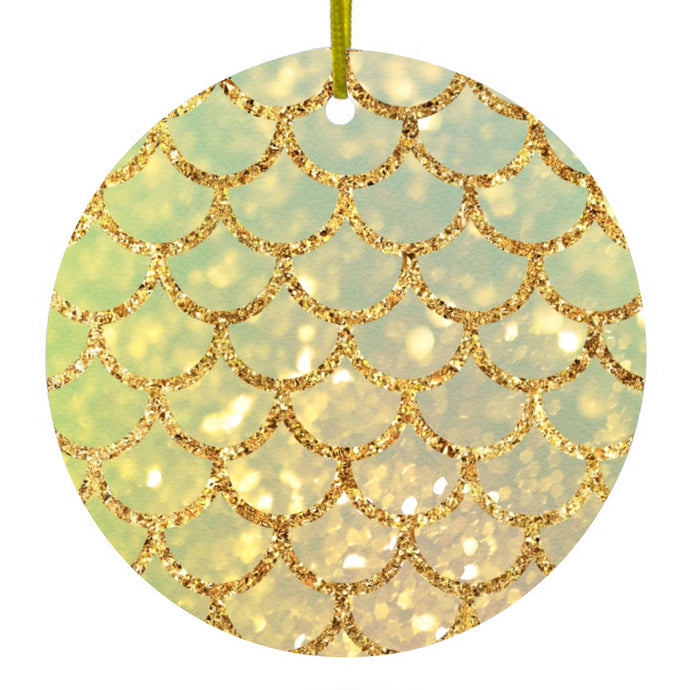 Gold Green Mermaid Scales Ceramic Ornament