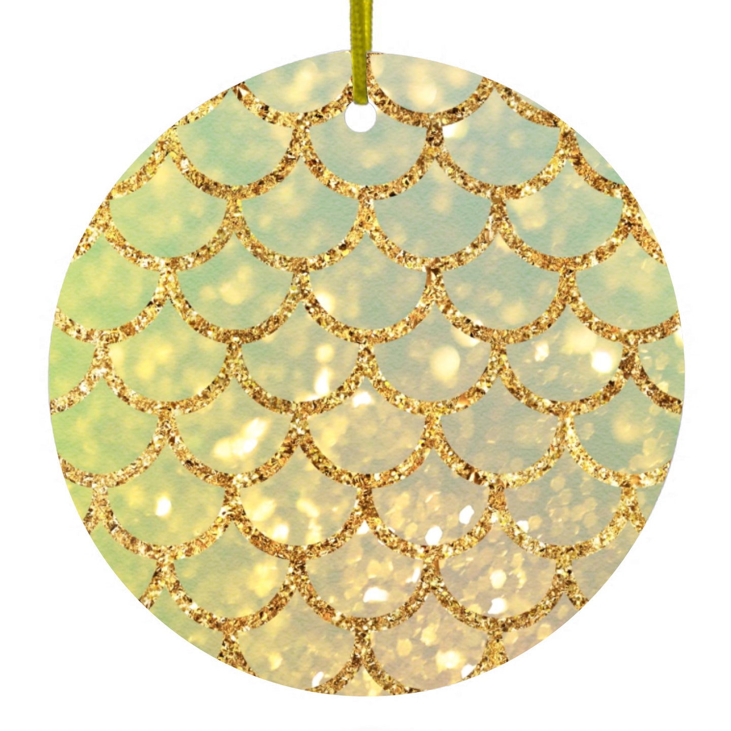 DistinctInk® Hanging Ceramic Christmas Tree Ornament with Gold String - Great Gift / Present - 2 3/4 inch Diameter - Gold Green Mermaid Scales