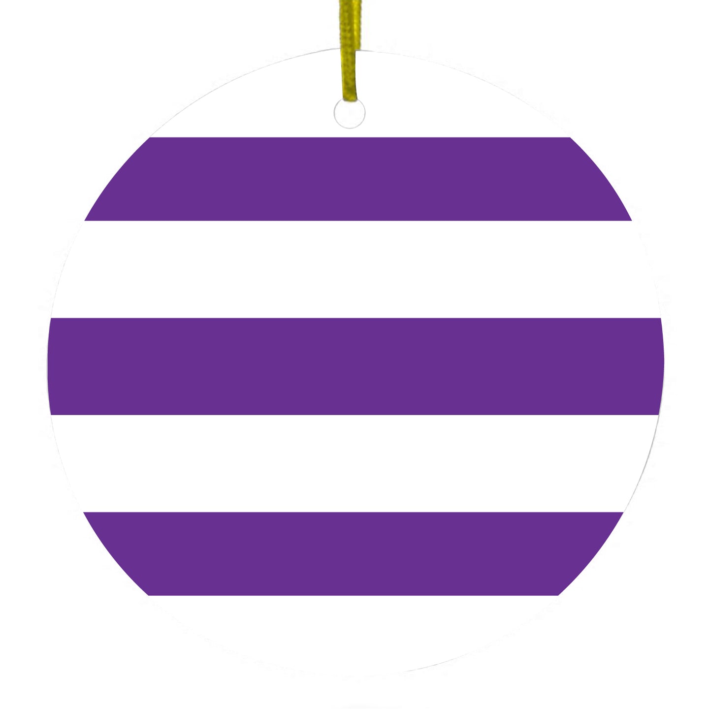 DistinctInk® Hanging Ceramic Christmas Tree Ornament with Gold String - Great Gift / Present - 2 3/4 inch Diameter - Purple & White Bold Horizontal Stripes