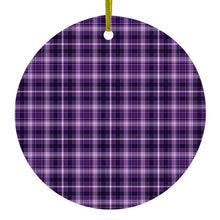 DistinctInk® Hanging Ceramic Christmas Tree Ornament with Gold String - Great Gift / Present - 2 3/4 inch Diameter - Purple Black Plaid