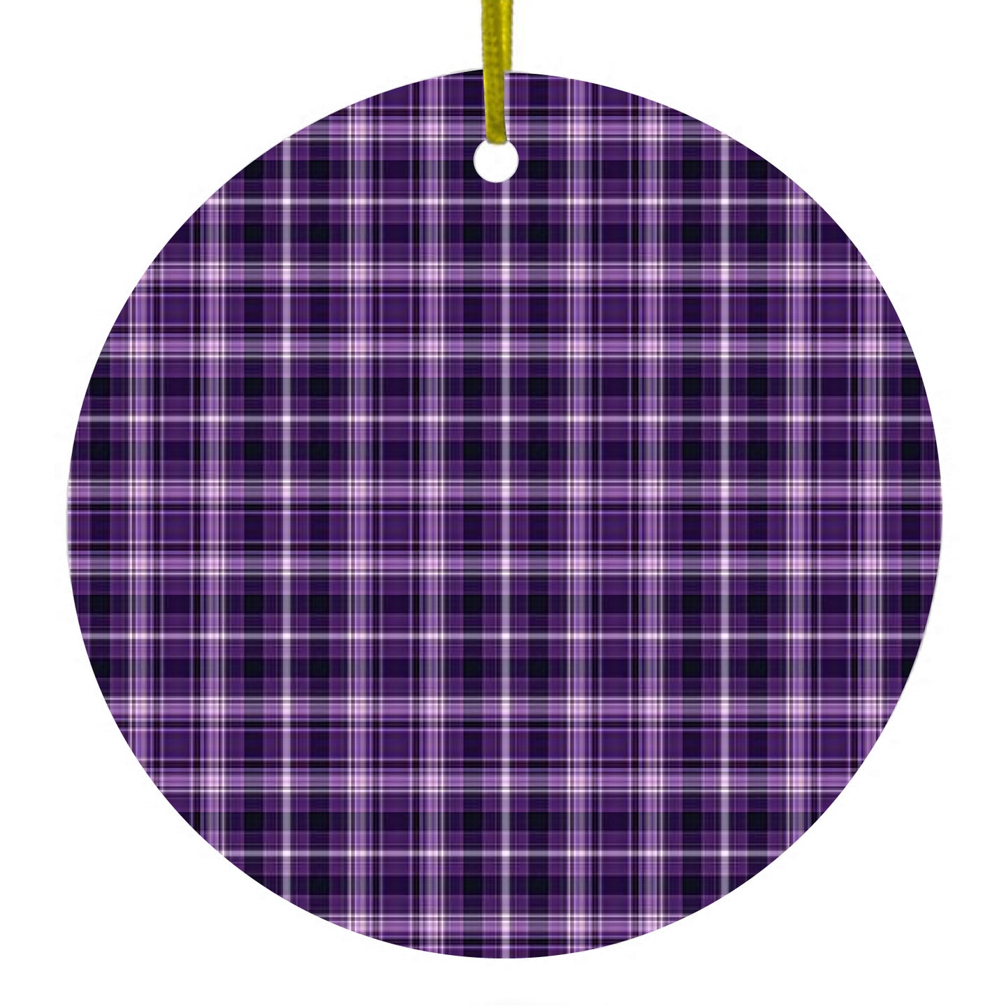 DistinctInk® Hanging Ceramic Christmas Tree Ornament with Gold String - Great Gift / Present - 2 3/4 inch Diameter - Purple Black Plaid