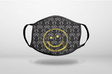 Yellow Smiley Face Black Grey Damask - 3-Ply Reusable Soft Face Mask Covering, Unisex, Cotton Inner Layer