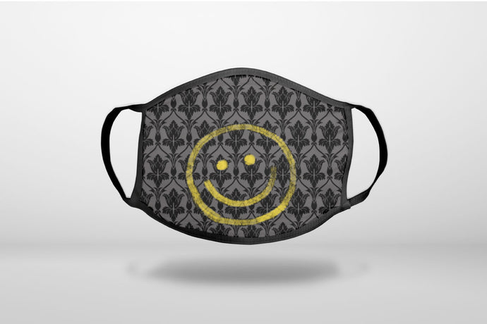 Yellow Smiley Face Black Grey Damask - 3-Ply Reusable Soft Face Mask Covering, Unisex, Cotton Inner Layer
