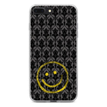 DistinctInk® Clear Shockproof Hybrid Case for Apple iPhone / Samsung Galaxy / Google Pixel - Yellow Smiley Face Black Grey Damask