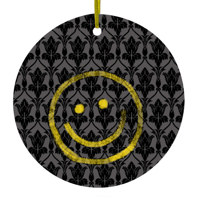 Yellow Smiley Face Black Grey Damask Ceramic Ornament