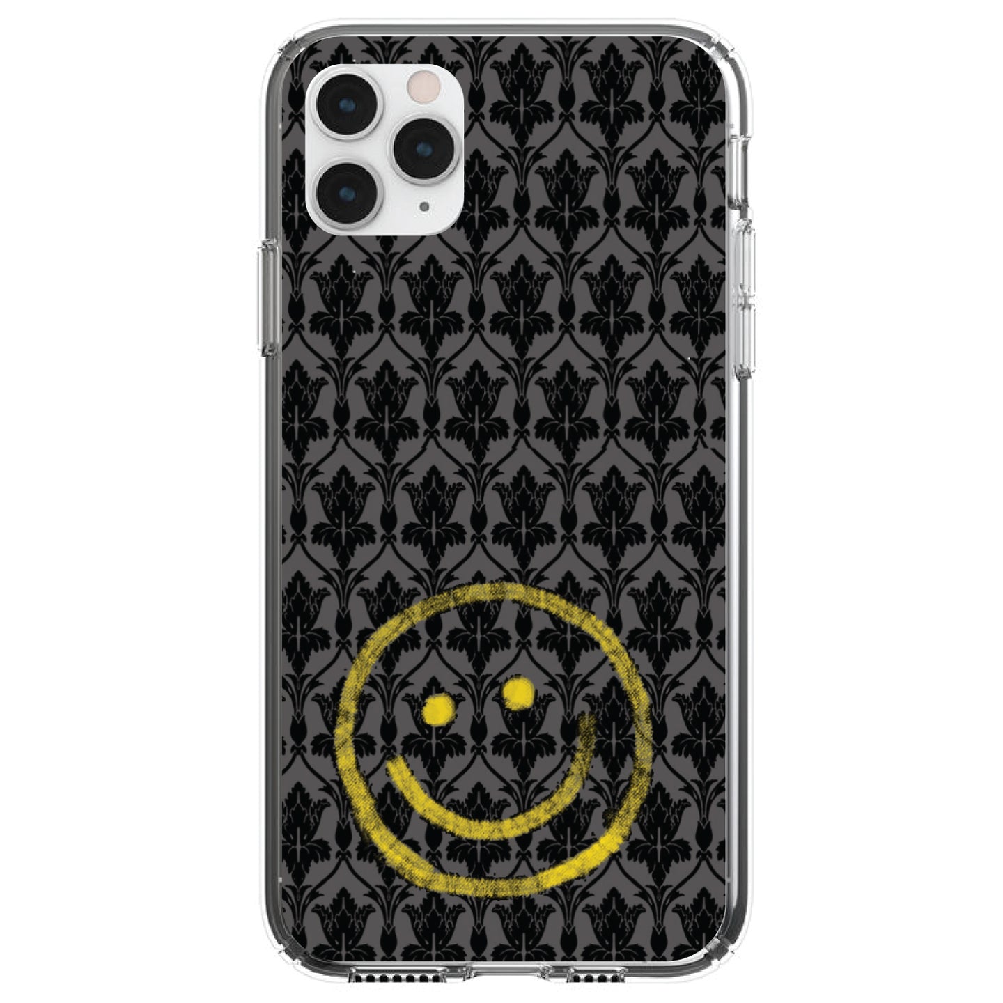 DistinctInk® Clear Shockproof Hybrid Case for Apple iPhone / Samsung Galaxy / Google Pixel - Yellow Smiley Face Black Grey Damask