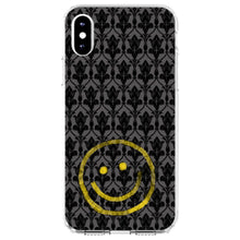 DistinctInk® Clear Shockproof Hybrid Case for Apple iPhone / Samsung Galaxy / Google Pixel - Yellow Smiley Face Black Grey Damask