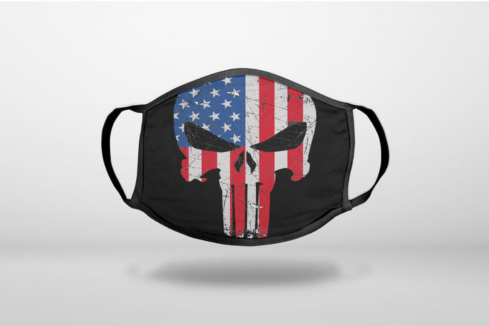 US Flag Skull Red White & Blue - 3-Ply Reusable Soft Face Mask Covering, Unisex, Cotton Inner Layer