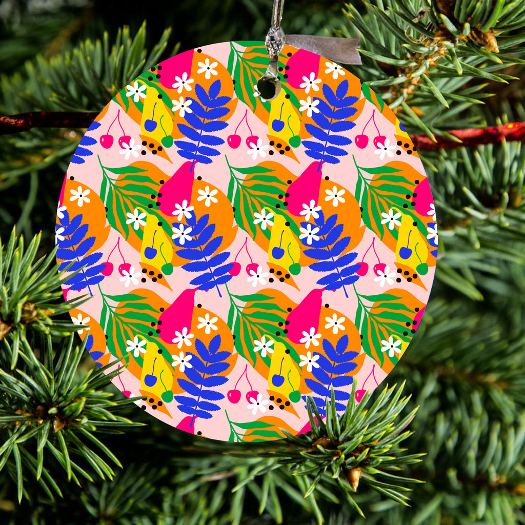 Summer Vibes Floral Pattern Blue Orange Pink Ceramic Ornament, view 2