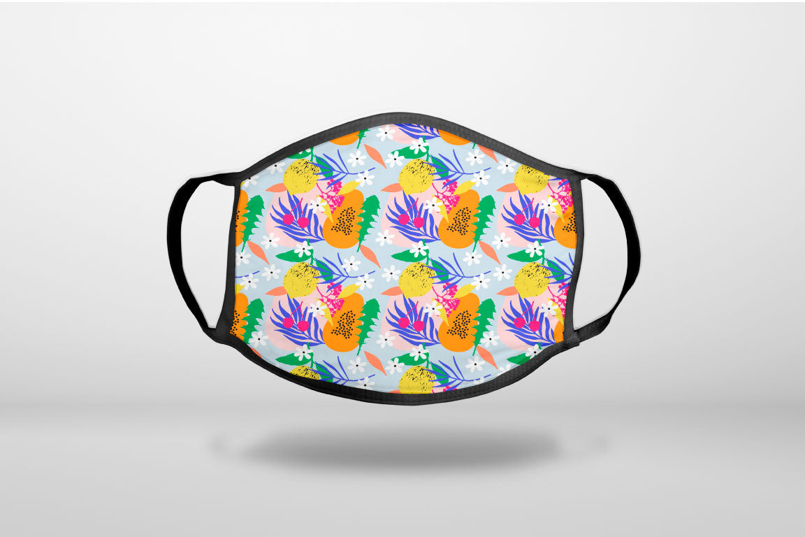 Summer Vibes Floral Pattern Orange Blue Green - 3-Ply Reusable Soft Face Mask Covering, Unisex, Cotton Inner Layer