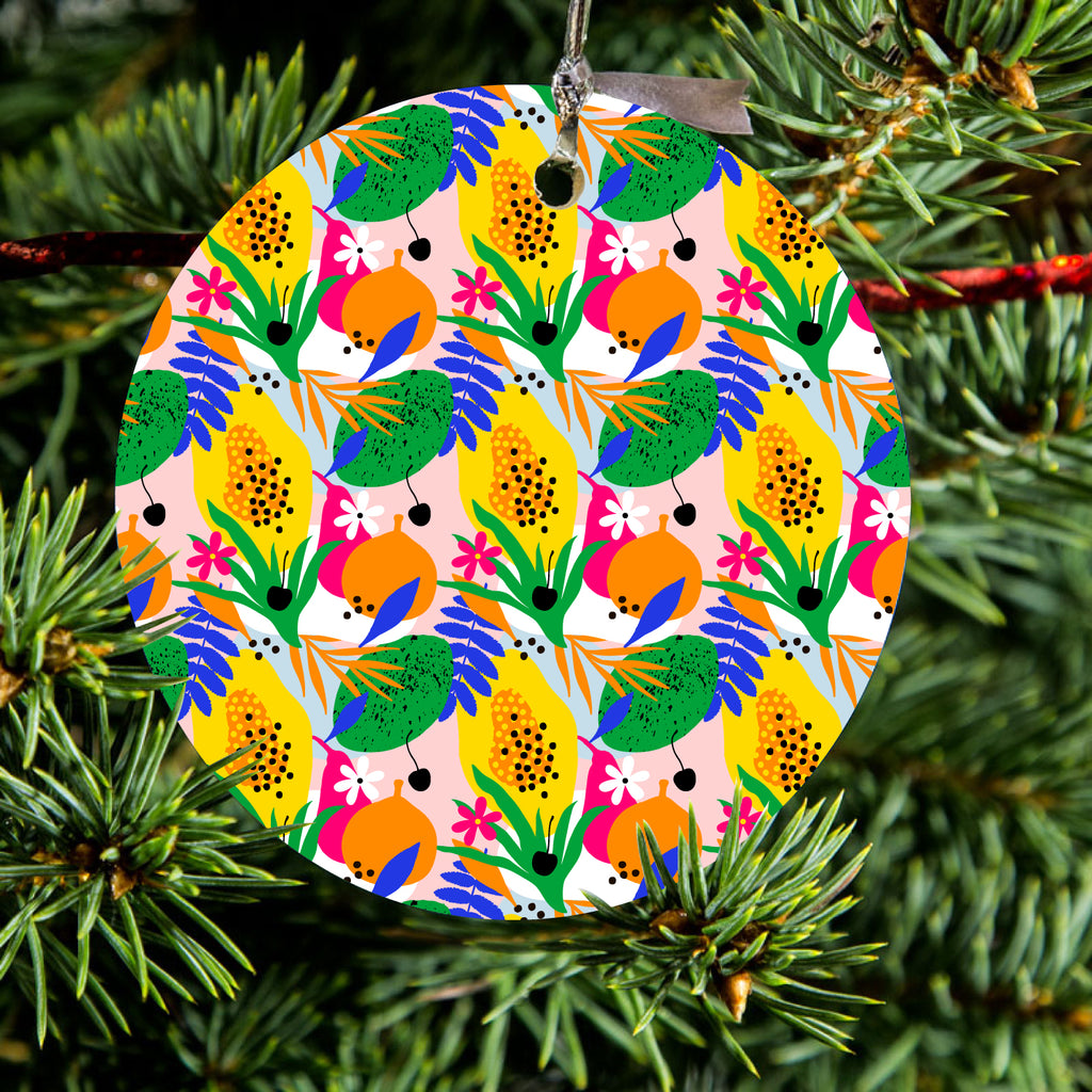 Summer Vibes Floral Pattern Green Yellow Blue Ceramic Ornament, view 2