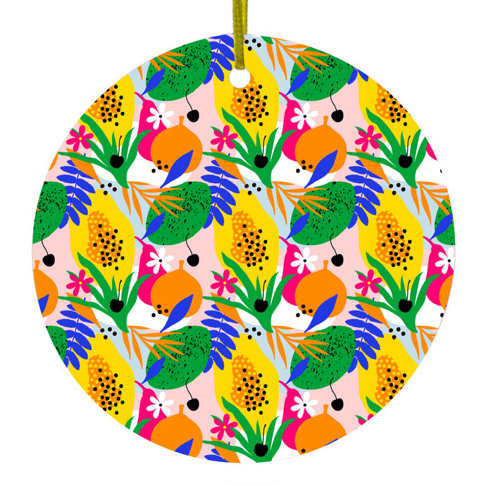 Summer Vibes Floral Pattern Green Yellow Blue Ceramic Ornament