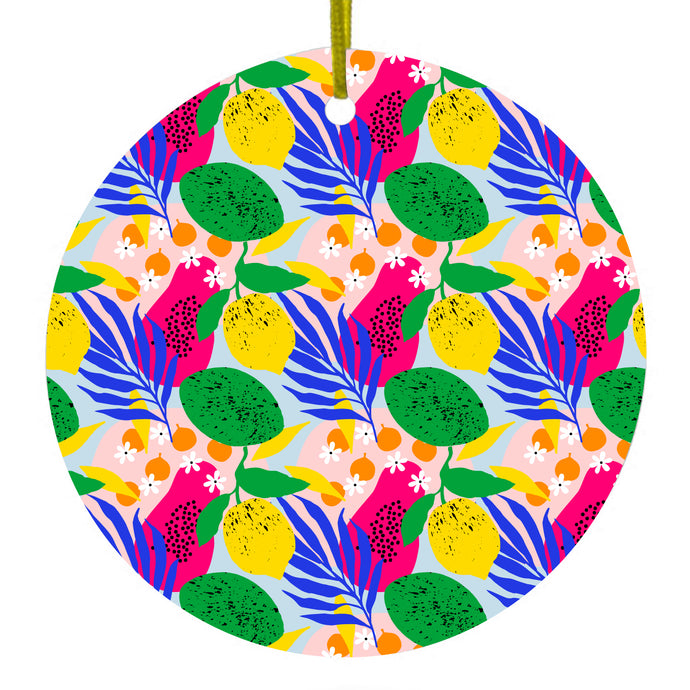 Summer Vibes Floral Pattern Pink Green Yellow Ceramic Ornament