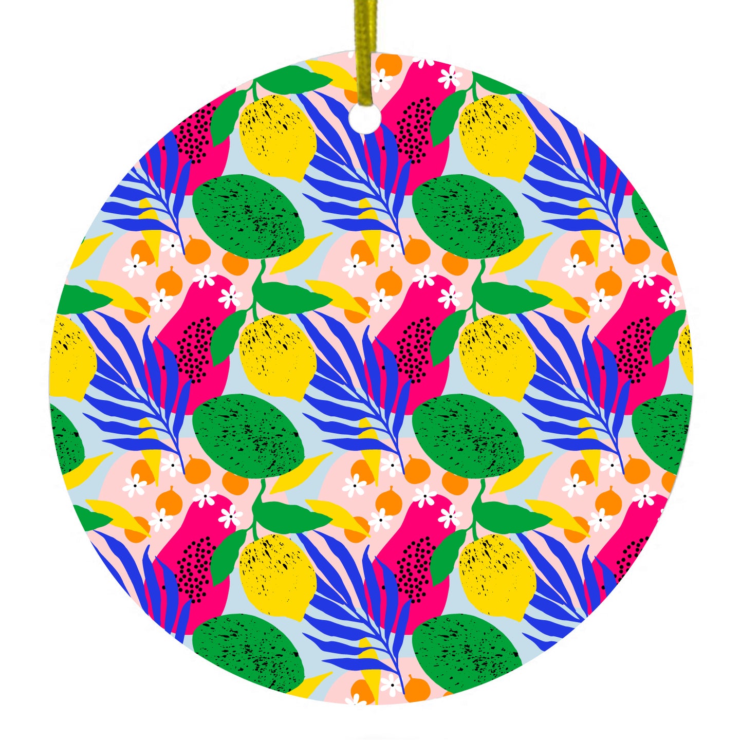 DistinctInk® Hanging Ceramic Christmas Tree Ornament with Gold String - Great Gift / Present - 2 3/4 inch Diameter - Summer Vibes Floral Pattern Pink Green Yellow