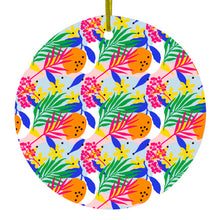 DistinctInk® Hanging Ceramic Christmas Tree Ornament with Gold String - Great Gift / Present - 2 3/4 inch Diameter - Summer Vibes Floral Pattern Pink Green Orange