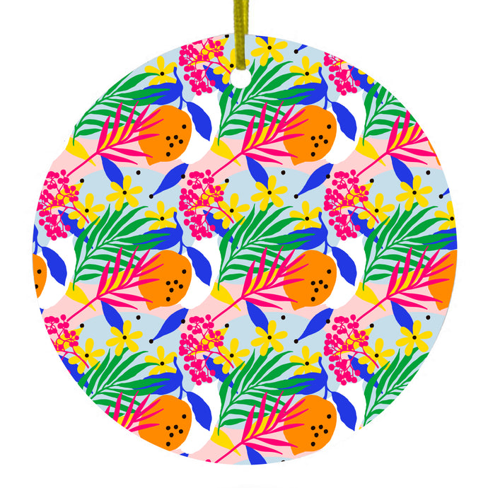 Summer Vibes Floral Pattern Pink Green Orange Ceramic Ornament