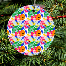 DistinctInk® Hanging Ceramic Christmas Tree Ornament with Gold String - Great Gift / Present - 2 3/4 inch Diameter - Summer Vibes Floral Pattern Pink Green Orange