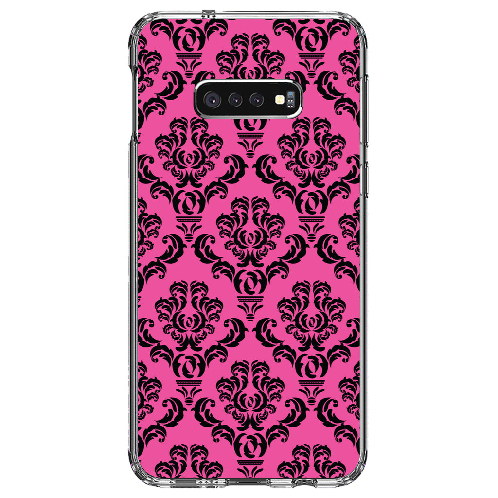 Pink Black Damask Pattern Clear Shockproof iPhone Case, view 18
