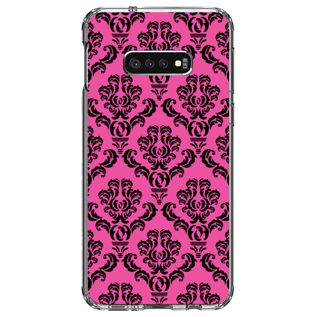 Pink Black Damask Pattern Clear Shockproof iPhone Case, view 18