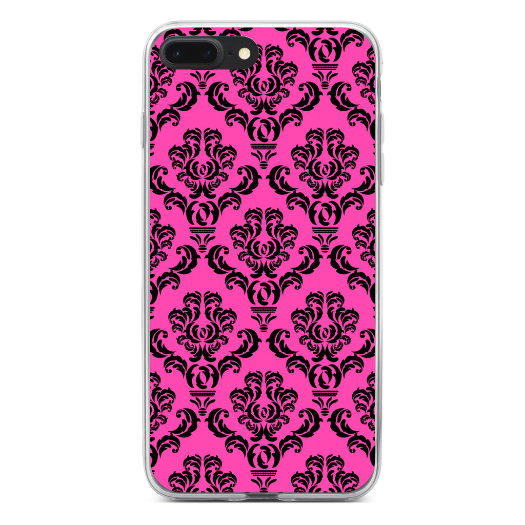 Pink Black Damask Pattern Clear Shockproof iPhone Case, view 6