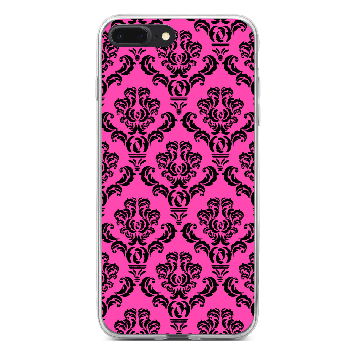 Pink Black Damask Pattern Clear Shockproof iPhone Case, view 6