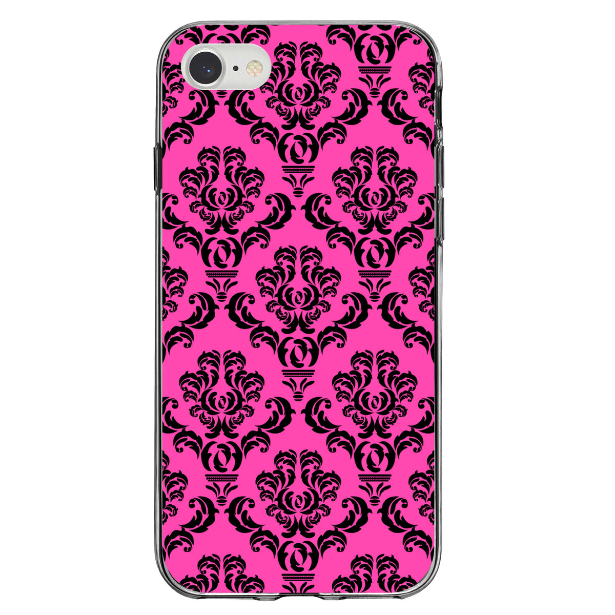 Pink Black Damask Pattern Clear Shockproof iPhone Case, view 5