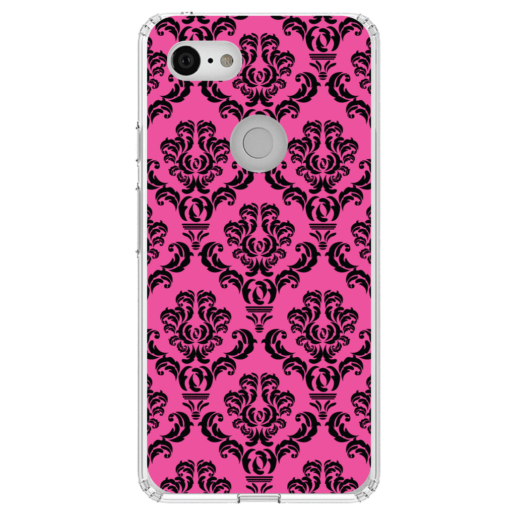 Pink Black Damask Pattern Clear Shockproof iPhone Case, view 22