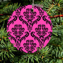 DistinctInk® Hanging Ceramic Christmas Tree Ornament with Gold String - Great Gift / Present - 2 3/4 inch Diameter - Pink Black Damask Pattern