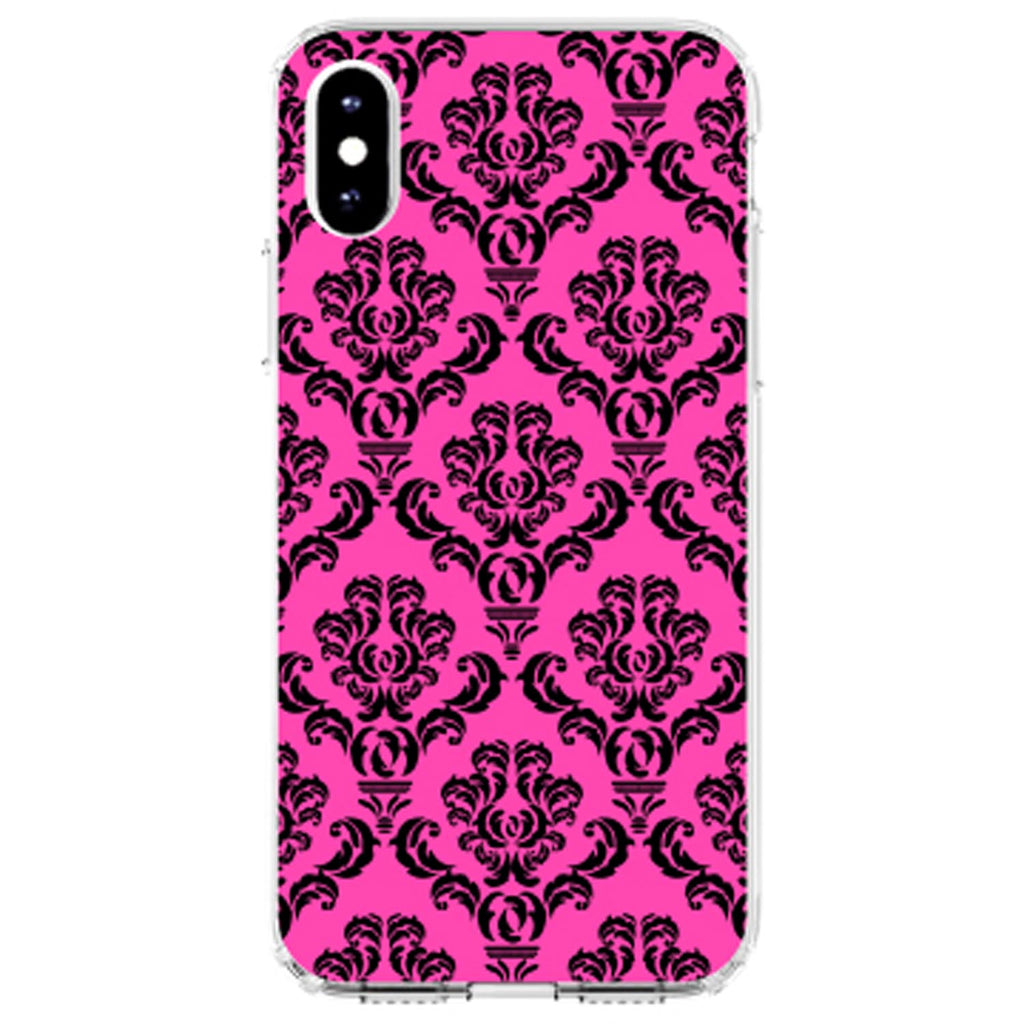 Pink Black Damask Pattern Clear Shockproof iPhone Case, view 4